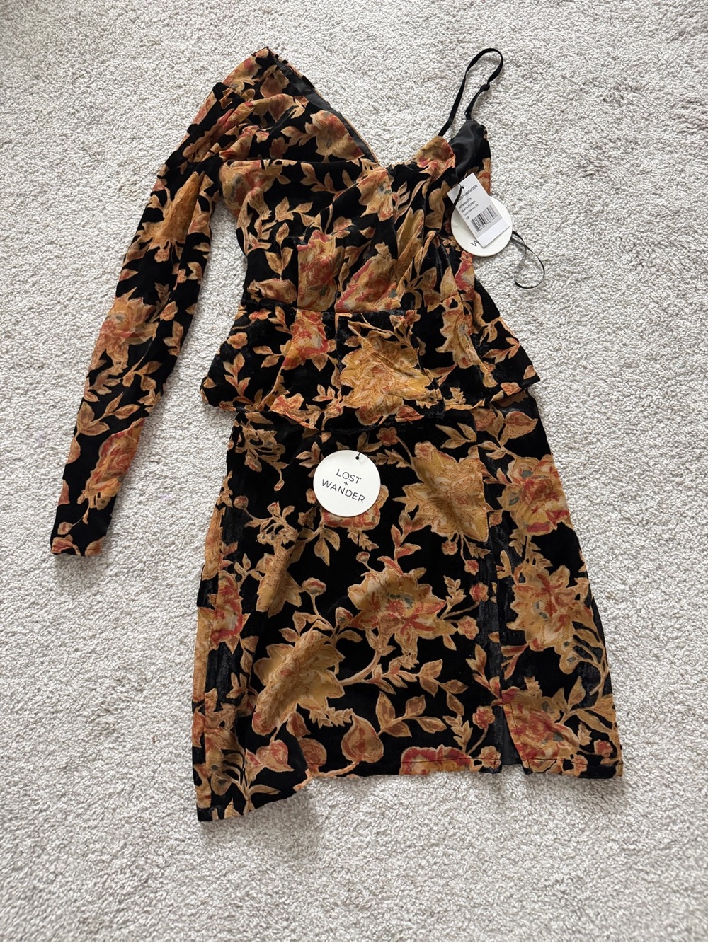 NWT Lost + Wander Black Floral Velvet  SET One-Shoulder Top and Skirt